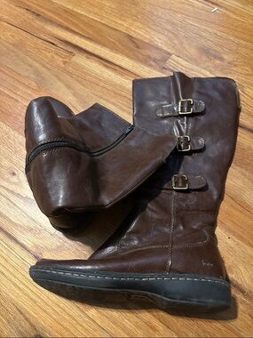 Born Brown Mid-Calf Buckle Heeled Boots